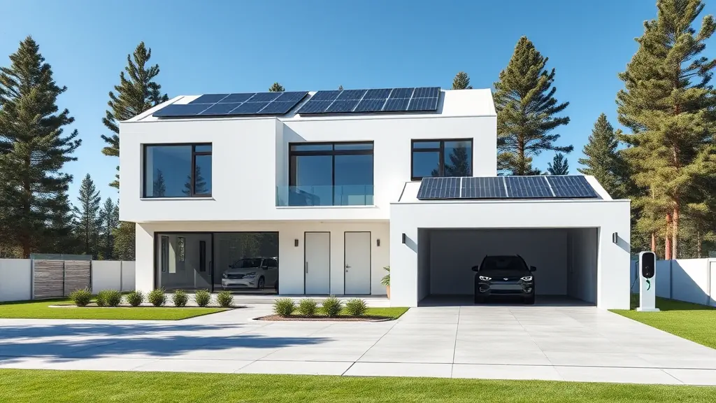 Maison moderne avec panneau solaire et stockage batterie